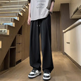 BONSIR  -  Summer Fashion Thin Ice Silk Loose Straight Pants Men Solid Elastic Waist Drawstring Pocket Casual Ventilate Wide Leg Trousers