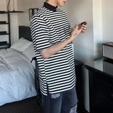 Bonsir Mens Casual Black White Striped T-Shirts Genderless 2024 Summer New Fashion Streetwear Youth High Neck Short Sleeve Tops Unisex