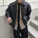 BONSIR  -  Y2K Style Mens Leather Jacket Streetwear Autumn Fashion Solid Color Lapel Zip-up PU Leather Coat Men Jackets Vintage Outerwear