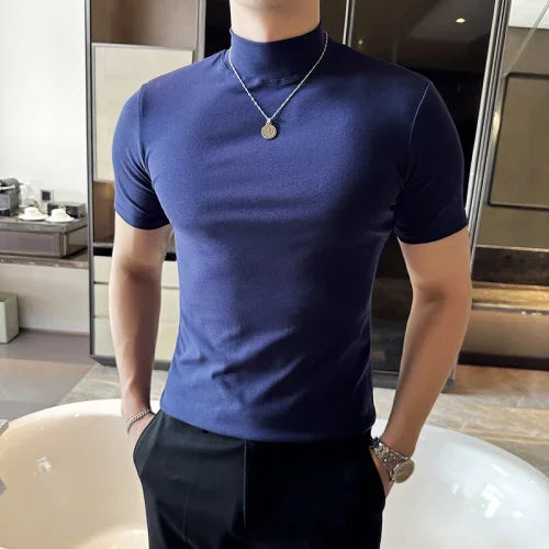 Bonsir Autumn Winter Men's Half High Neck Short Sleeve T-shirt Korean Slim Fit Solid Color Bottom Shirt Casual Cotton Elastic T-shirts