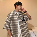 BONSIR  -  Summer Casual Plaid Short Sleeve Shirts for Men Retro Youth Casual All-match Streetwear Tops Korean Fashion Mens Shirt Coat
