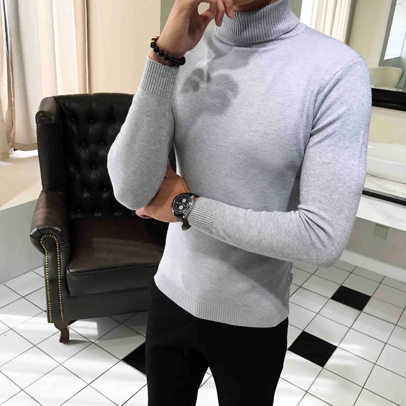 Bonsir Fall/Winter Men's Turtleneck Sweater Fashion Striped Solid Color Warm Knitted Sweater Men Double Collar Slim Fit Sweaters