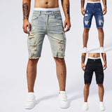 BONSIR  -  Summer New Men's Ripped Denim Shorts Fashion Vintage Hole Streetwear Stretch Slim Knee-length Short Pants Trendy Brand Male