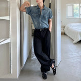 BONSIR  -  Retro washed denim shirt men's summer loose casual short-sleeved shirt Korean commuter half-sleeved top