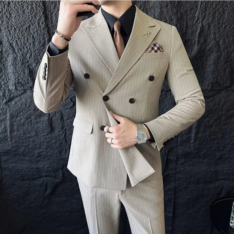 Bonsir Luxury Fashion Stripe Men Suits Double Breasted Slim Fit Business Wedding Stage Tuxedo Formal Office Work Casual Suits 3Pcs/2Pcs