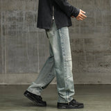 BONSIR  -  American New Fashion Vintage Men's Straight Wide Leg Loose Spliced  Casual Trendy Washed Blue Denim Trousers Male Streetwear