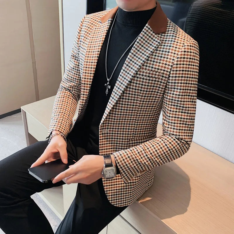 Bonsir Autumn Winter Korean  Houndstooth Blazer Jackets Fashion Color Matching Lapel Design Casual Men's Plaid Suit Coat Tuxedo