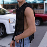 BONSIR  -  Streetwear Mens Mesh Tank Top Sexy Hollow Out See Through Mesh Camisoles Men Sleeveless V Neck Slim Lace-up Vest Tops Nightclub