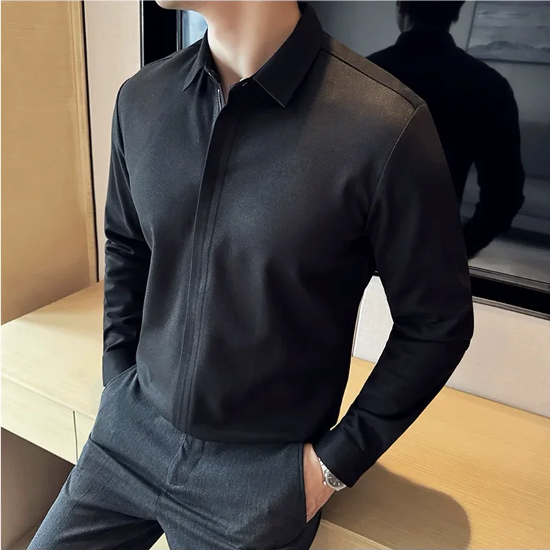 Bonsir Autumn Winter New Thick Warm Woolen Shirt High-end Zipper Design Seamless Striped Shirt Fashion Men Casual Social Party Tuxedo