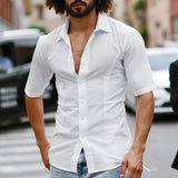 BONSIR  -  Men Shirt Solid Color Lapel Short Sleeve Lace Up Streetwear Men Clothing Summer 2025 Button Fashion Tops Camisas S-5XL