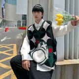 BONSIR  -  Men Clothing Trendy Vintage Harajuku Streetwear Y2K Aesthetic Knitted Sweater Vest Youth Male V Neck Sleeveless Loose Waistcoat