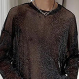 BONSIR  -  Man T-shirt Sheer Mesh Round Neck Long Sleeve Sexy Men's Clothing Tops Out Streetwear Party Thin Style Clothes