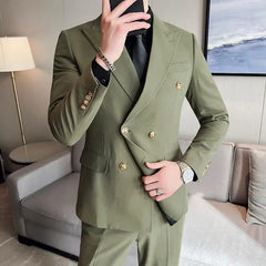 Bonsir (Jackets+Pants+Vest) High-quality Men's Double Breasted Elegant Fashion Suits 3 Pcs Set Olive green Casual Wedding Social Tuxedo