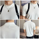 Bonsir New Woven Belt Decoration Splicing Design T-shirt  For Men Korean Fashion Slim Fit Elastic Half-High Collar Short-Sleeved Tee