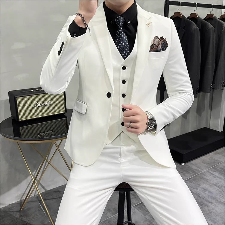 Bonsir (Jacket +Vest+Pants) New Mens Wedding Suits Groom Solid Color Formal Office Business Slim Fit Suit Tuxedos 3-Pieces Set