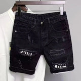 Bonsir Summer Denim Shorts Black Ripped Raw Edge Streetwear Retro Shorts Straight Washed Trendy Mens Causal Versatile Denim Shorts