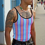 BONSIR  -  Men Tank Tops Striped Colorful See Through Mesh Male Vests Summer Sexy O-neck Sleeveless Fashion Men Clothing Tops 2025