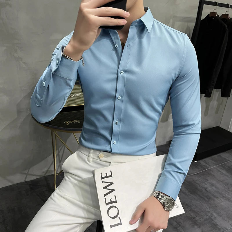 Bonsir Plus Size 7XL-M High Quality Men Dress Shirt Spring Long Sleeve Solid Business Slim Shirts Homme Dress Social Casual Shirt