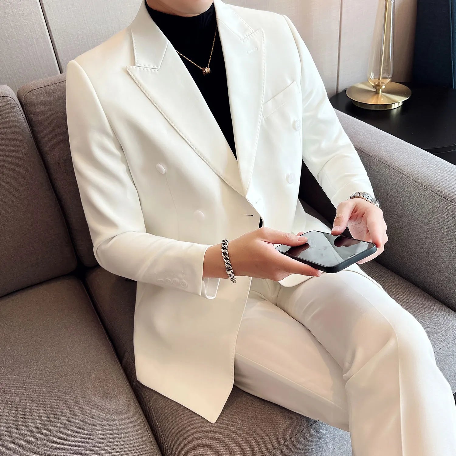 Bonsir New White Men Suits Slim with Double Breasted Wedding Groom Tuxedo Formal Business Male Fashion Jacket With Pants 2 Pieces