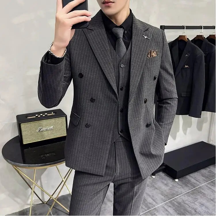 Bonsir Luxury Fashion Stripe Men Suits Double Breasted Slim Fit Business Wedding Stage Tuxedo Formal Office Work Casual Suits 3Pcs/2Pcs