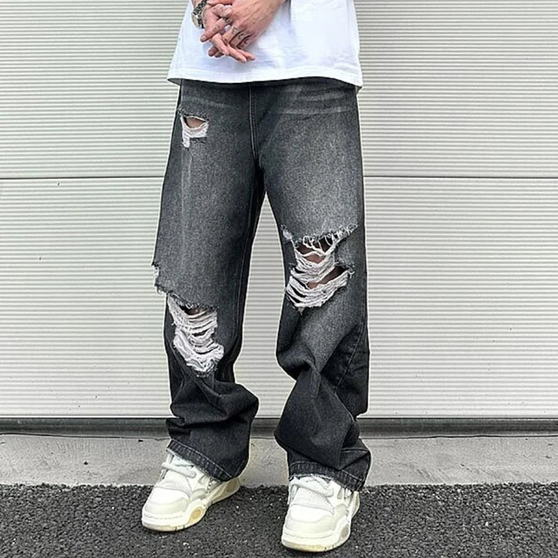 Bonsir Hip Hop Washed Knee Hole Baggy Wide Leg Casual Jeans for Men Y2K Ripped Loose Distressed Denim Trousers Oversized Cargo Pants