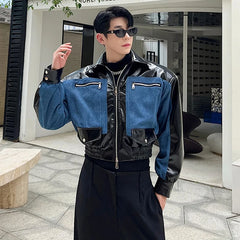 Bonsir 2024 Spring New Fashion Denim Leather Splicing Design Elegant Short Jacket Men's High Quality Korean Handsome Coat