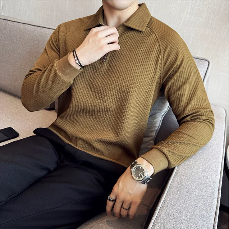 Bonsir Men's Half Zip Polo Shirt Spring Autumn Long sleeved V Neck T-shirt Elastic Thickened Casual Business Tee Coats Streetwear 4XL-M