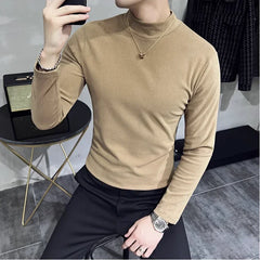 Bonsir Autumn Winter Half High Neck Velvet T-Shirt Korean Men's Slim Fit Solid Color Casual Long Sleeve Bottoming Tee Men Clothing 4XL