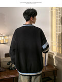 BONSIR  -  Preppy V-neck Sweater for Men Couples Pullovers Ins Knitted Top Autumn Korean Trendy Loose-fit Line Clothes for Students Youth