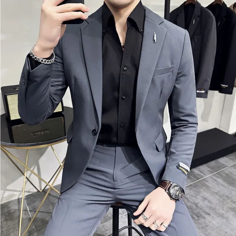 Bonsir (Jacket+Pant) Handsome Casual Beige 2 Piece Suit For Men Wedding Tuxedos Men Slim Fit Suits Business Party Prom Dress Homme 4XL