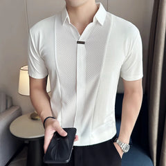 Bonsir Black / White Summer High Elastic V Neck Polo Shirts Men's Waffle Splicing Ice Silk Seamless T-shirt Casual Loose Tops Tees