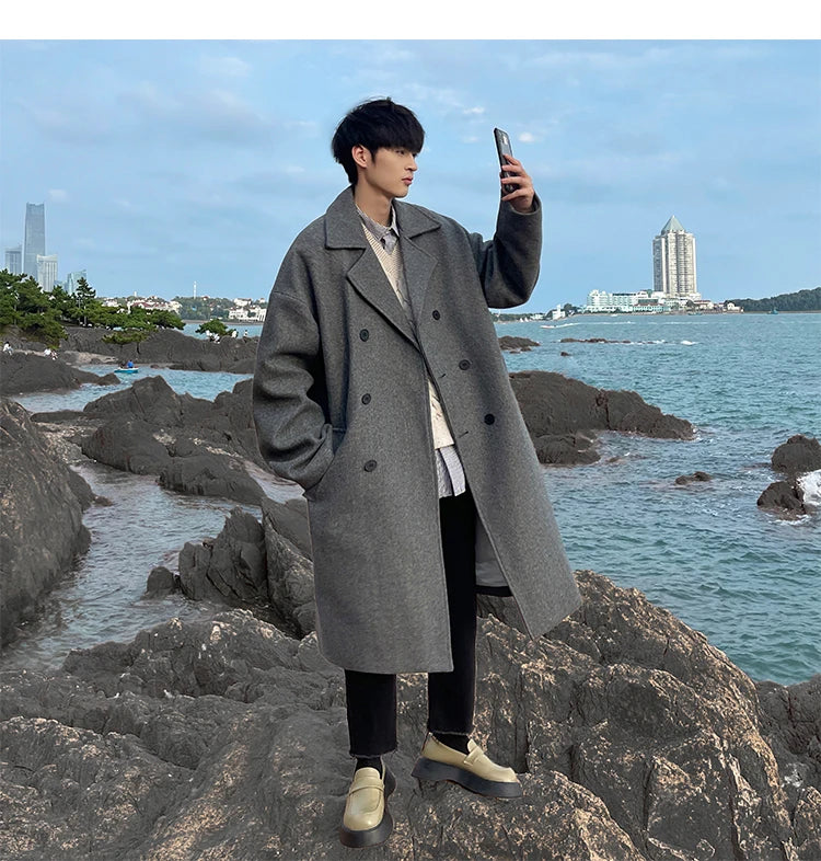 Bonsir Autumn/Winter Mid Length Woolen Coat Men's Thickened Windbreaker Overcoat Loose Large Handsome Parka Fashion Daily Men Clothing