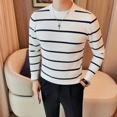 Bonsir Men High Quality Winter Basic Round Neck Sweaters Casual Soft Warm Long Sleeve Sweater Korean Knitted Stripe Pullover 4XL-M