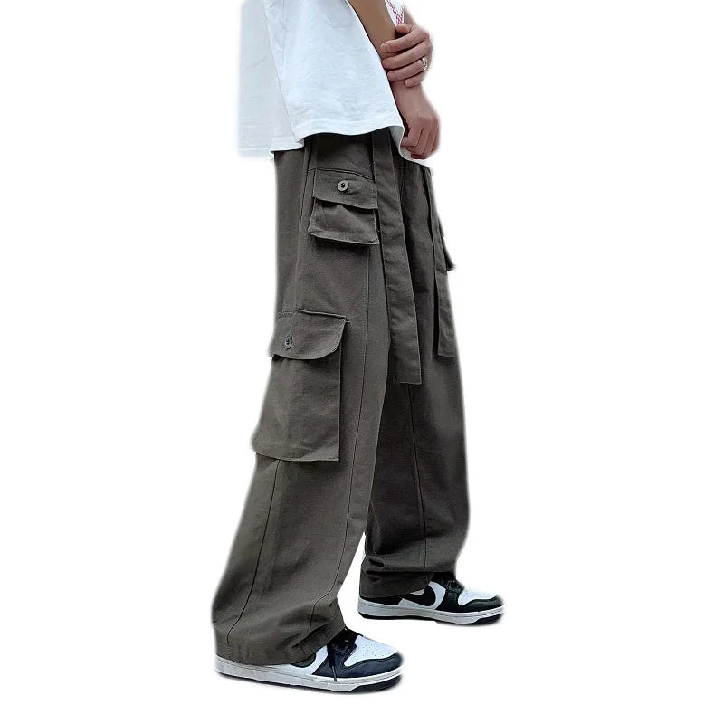 Bonsir Men's Multi Pocket Loose Fashion Cargo Pants Youth Casual Retro Versatile Straight Pants