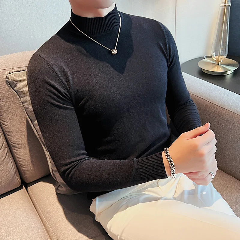 Bonsir Autumn Winter Half High Neck Sweater Men Solid Warm Knitwear Pullover High Quality Long Sleeve Slim Fit Elasticity T Shirt