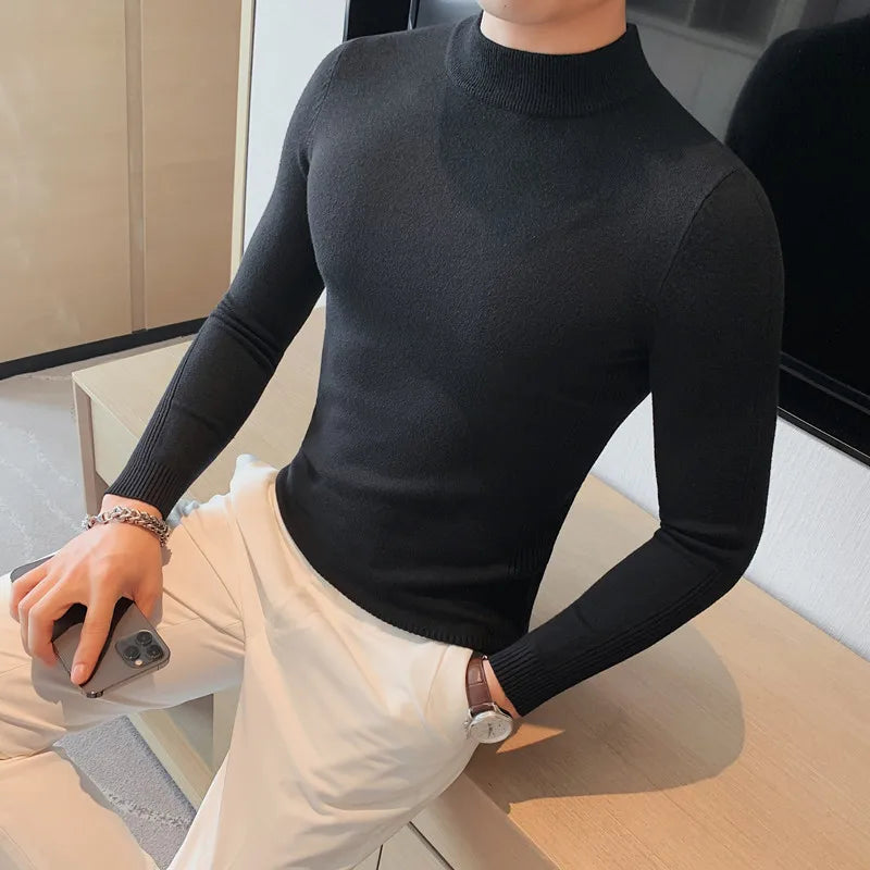 Bonsir Autumn Winter New Half Turtleneck Sweater Men's Korean Slim Fit Knitted Pullovers Solid Color Casual Bottoming Shirt Sweater