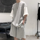 BONSIR  -  Waffle Casual Set Summer Vacation Two Piece Design Men's T-shirt Loose and Versatile Korean Sport Short Male Clothing
