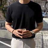 BONSIR  -  Summer Casual Mens Ice Silk Knit Tops Leisure Breathable Solid Color Slim Knitting T Shirts Men Fashion Short Sleeve Tees