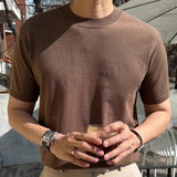 BONSIR  -  Summer Casual Mens Ice Silk Knit Tops Leisure Breathable Solid Color Slim Knitting T Shirts Men Fashion Short Sleeve Tees