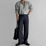 BONSIR  -  New Naples Business Men Shirts Light Luxury Textured Lapel Striped Long Sleeve Cardigan Leisure Premium Commuter Blouse M-2XL