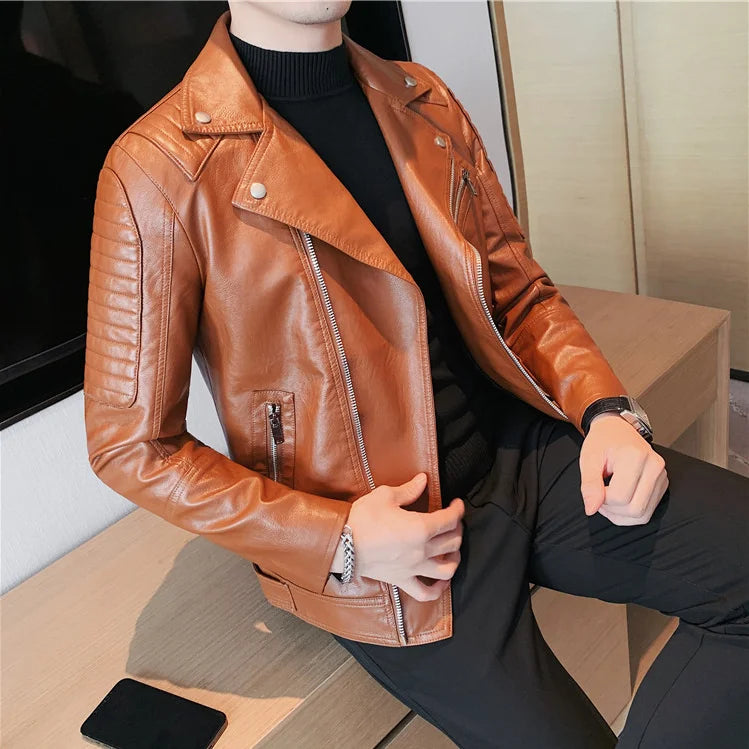 Bonsir Autumn New Oblique Zipper Motorcycle Leather Jacket Men Brand Short Slim Fit Lapel Pu Leather Coat Jackets Streetwear 4XL-M