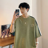 BONSIR  -  Korean Y2k Suede T-shirt Men Striped Short Sleeve Letter Printing T Shirts Summer Hip-hop Loose Round Neck Tops Couple Clothes