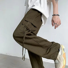 Bonsir Japanese casual Cargo pants for women with a sense of small design Multi pocket leggings drawstring wide leg ulzzang pants loose