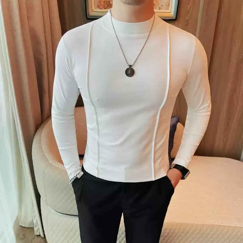 Bonsir Autumn New Round Neck Solid Color T Shirts Korean Luxury Long Sleeves Men's Casual Slim Fit Elastic Cotton Tee Shirts 4XL-M