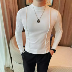 Bonsir Autumn New Round Neck Solid Color T Shirts Korean Luxury Long Sleeves Men's Casual Slim Fit Elastic Cotton Tee Shirts 4XL-M