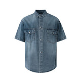 BONSIR  -  Retro washed denim shirt men's summer loose casual short-sleeved shirt Korean commuter half-sleeved top