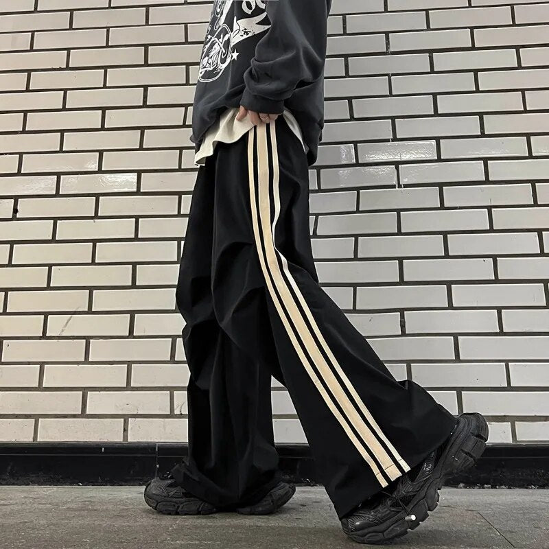 Bonsir Wide Leg Pants Men Loose Fit Track Pants Male Side Striped Jogger Trousers Unisex Elastic Waist Wide Leg Pants  Plus Size