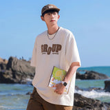 BONSIR  -  Foaming Printing T Shirt Men Women American Retro Loose Summer Casual Letter Print Tee Street Sports Round Neck Half Sleeve Tops