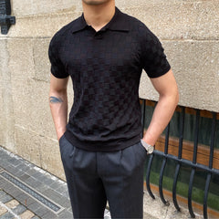 Bonsir Summer Plaid Knitted Polo Shirts Men Short Sleeve V-Neck Knitted Lapel Tee Tops Elasticity Slim Casual Business Social Polo