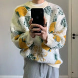 BONSIR  -  Korean style knitted pullover sweater men's trendy pineapple jacquard round neck top casual loose lazy style men's clothing
